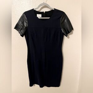 Chic Navy Blue Dress with Faux Leather Sleeves